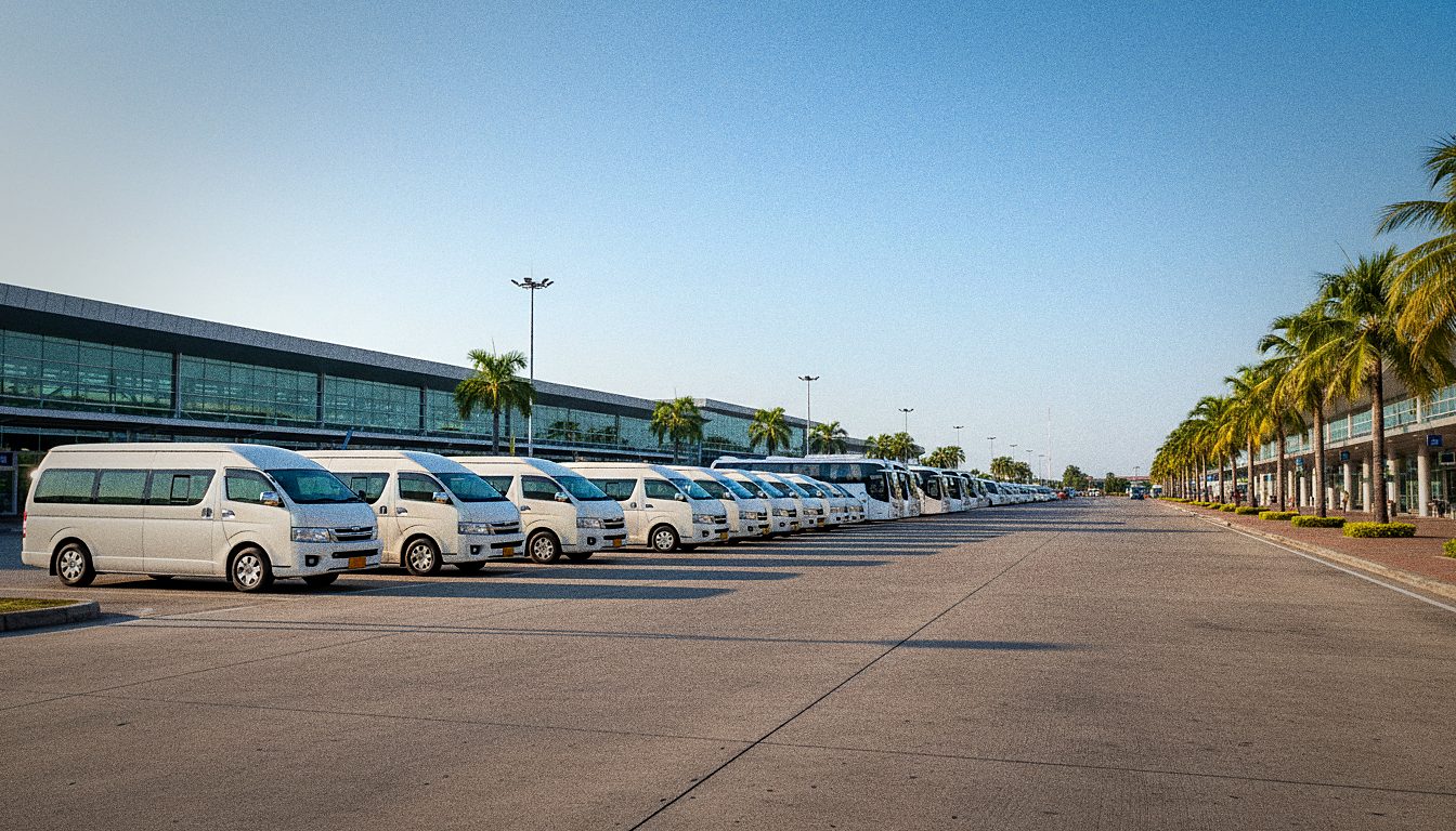 Taxi and shuttle pick-up area outside Krabi Airport arrivals