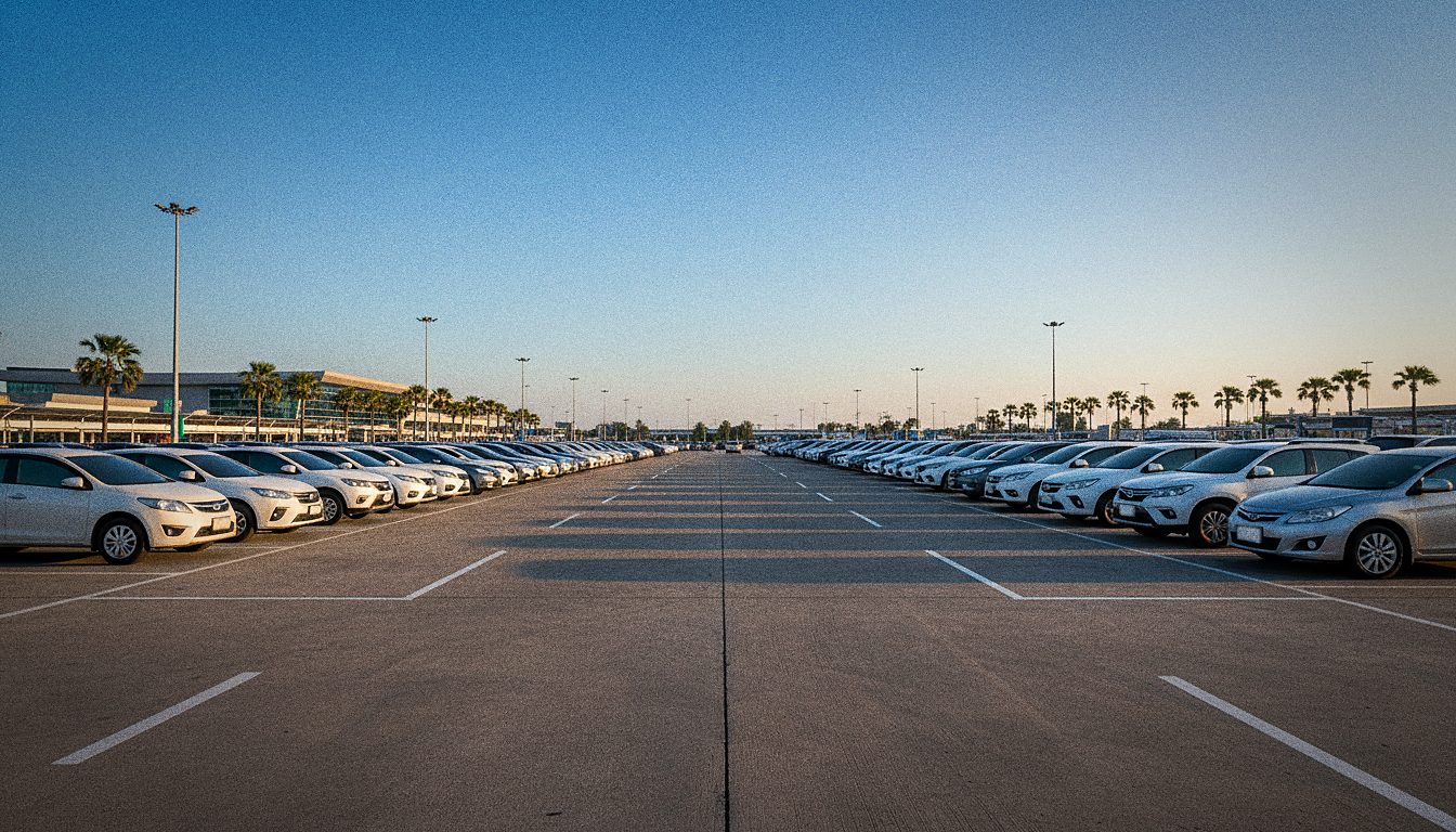 Traveller meeting a rental car representative just outside an airport exit