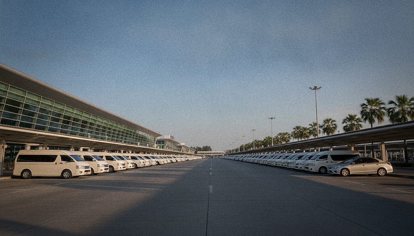 Taxi and transfer pick-up area outside Phuket Airport arrivals
