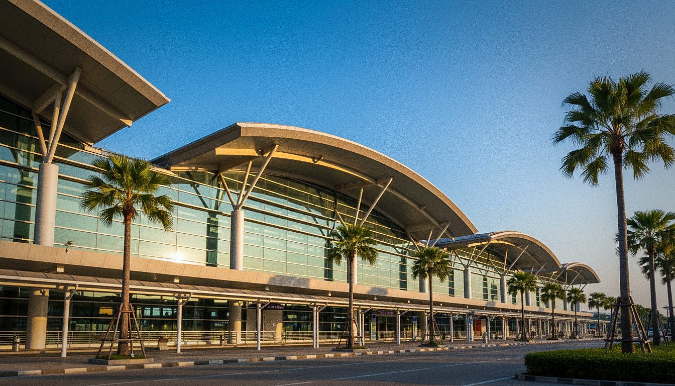 Phuket International Airport terminal exterior in warm morning light