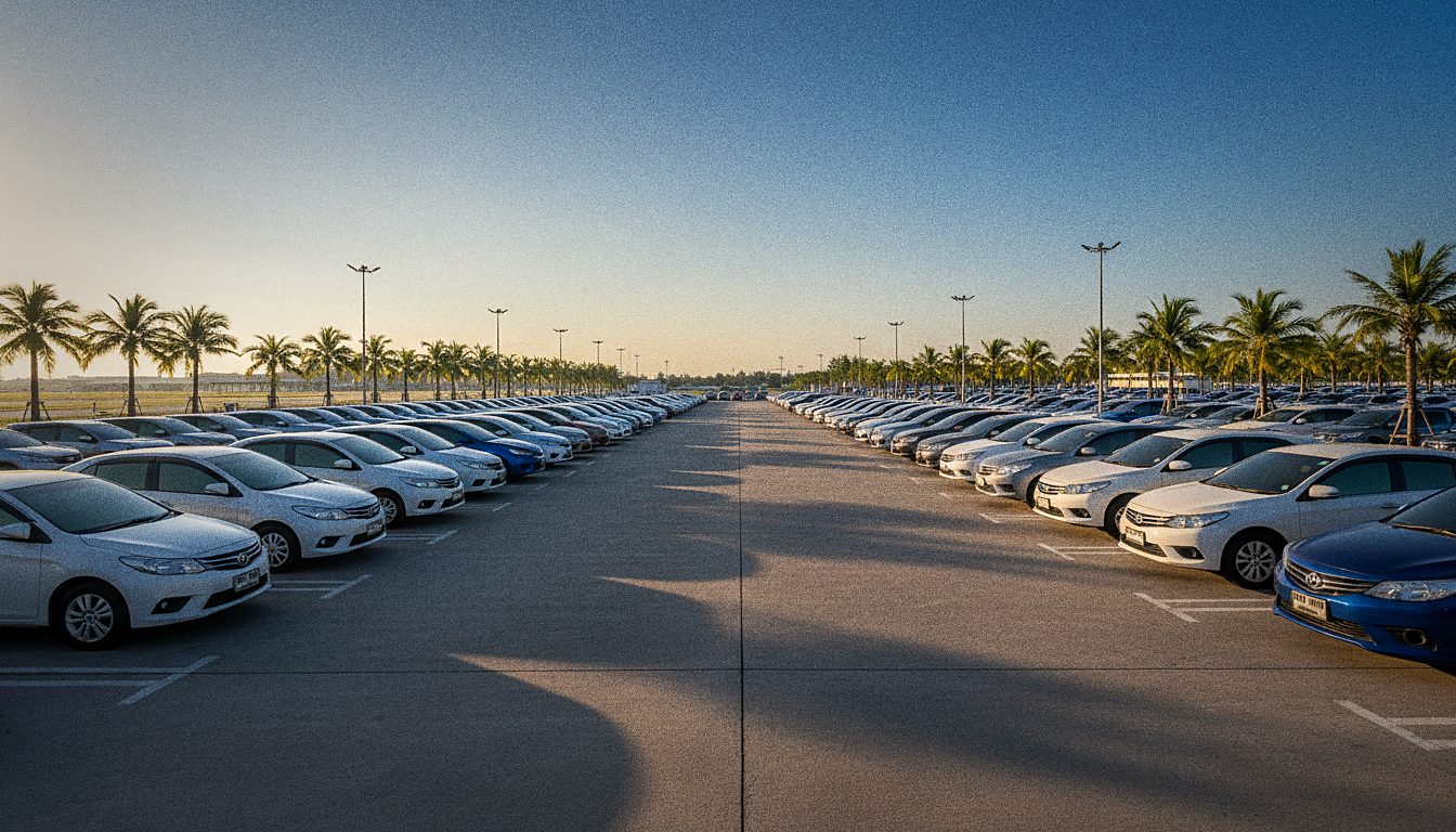 Rental car parked near a small island airport terminal