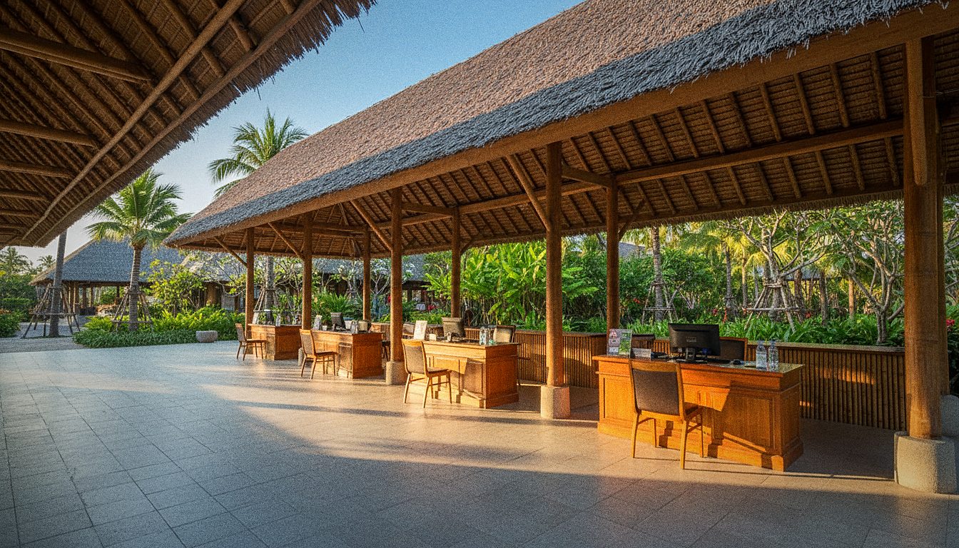Car rental desks in the open-air arrivals area of Samui Airport