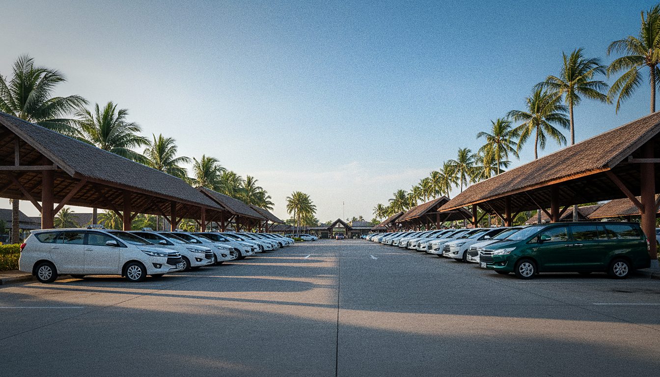Taxi and minibus pick-up area outside Samui Airport arrivals