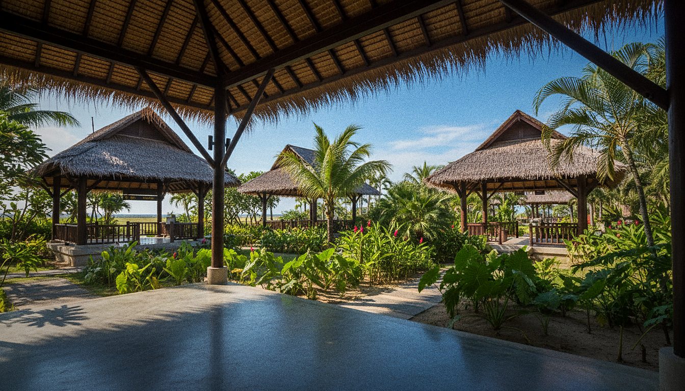 Open-air thatched-pavilion terminal at Samui Airport in tropical gardens