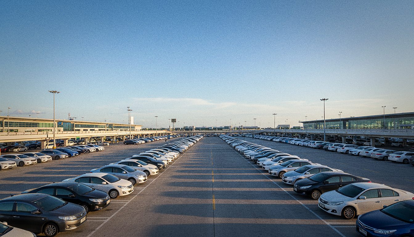 Airport shuttle bus departing toward an off-site car rental branch