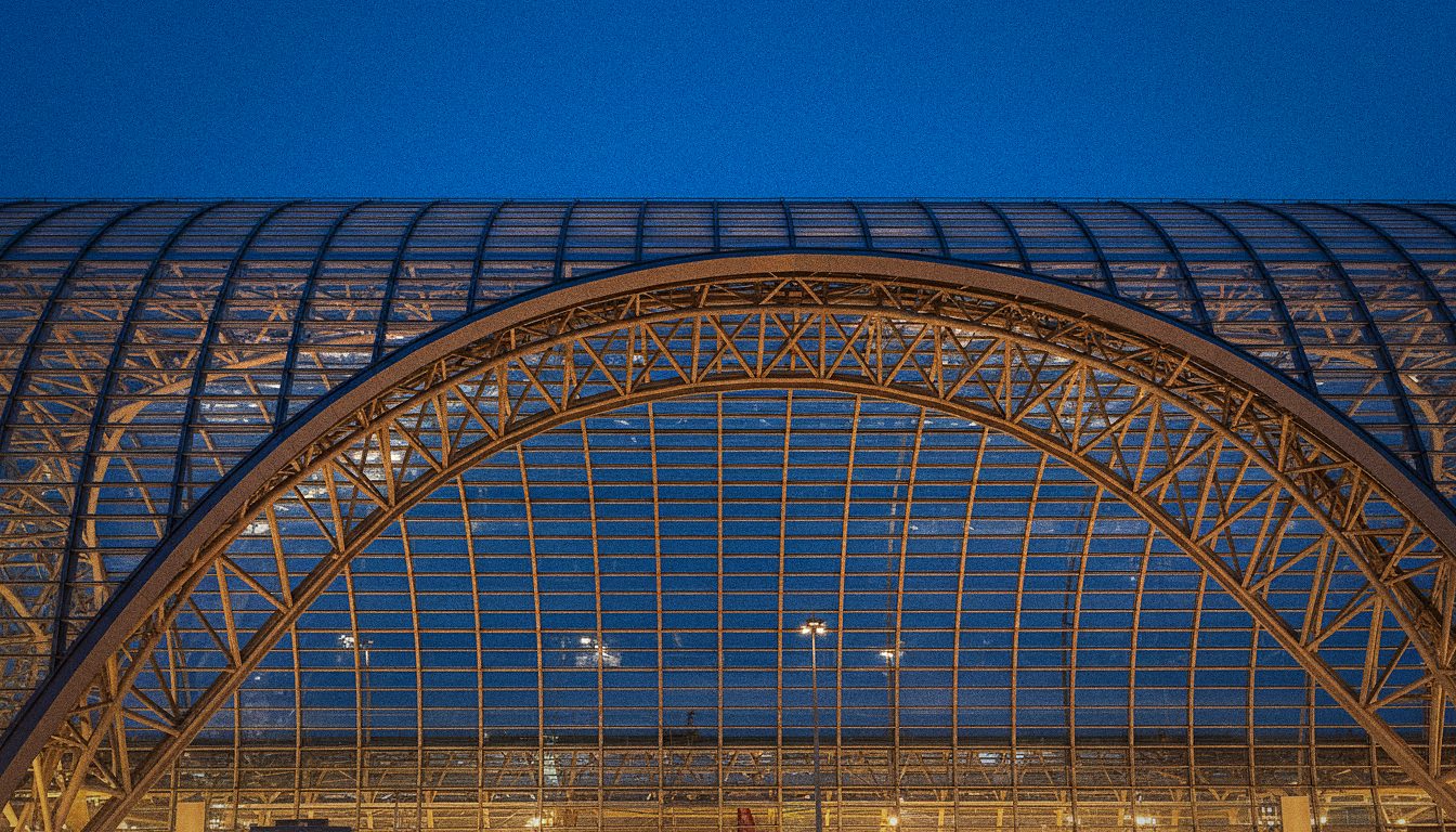Suvarnabhumi Airport main terminal glass and steel roof at dusk